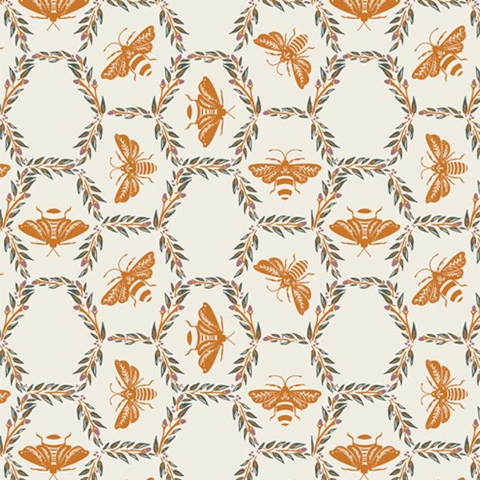 Pattern of orange bees and leaves on a beige background