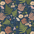 Pink and green ferns over navy blue background with cream florals