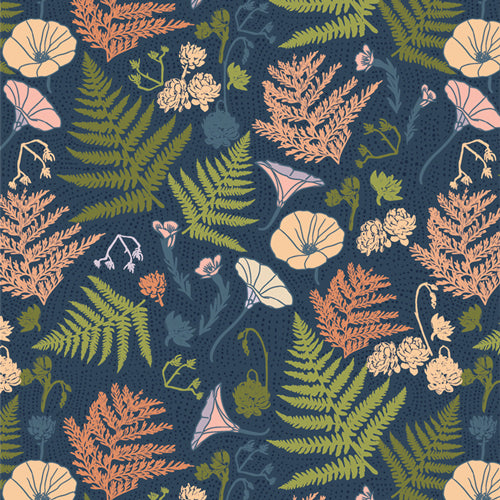 Pink and green ferns over navy blue background with cream florals