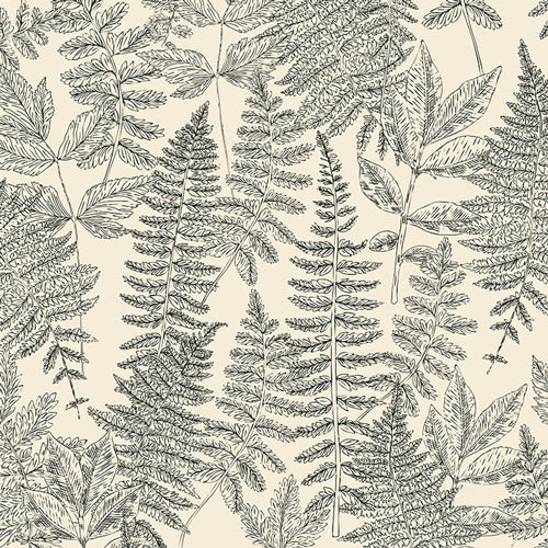 Pattern of black fern leaves on a beige background