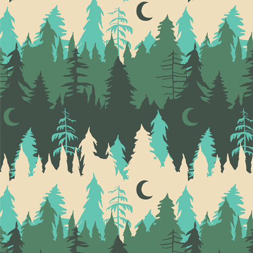 Pattern of green and beige trees with crescent moons on a beige background