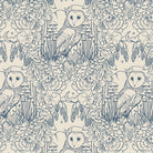 Owls, mushrooms, and floral line drawing in navy over cream background