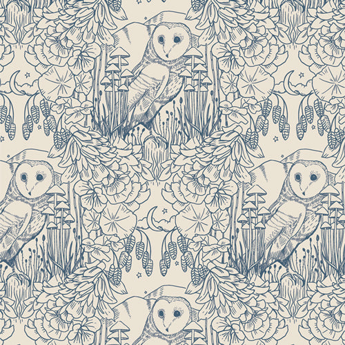 Owls, mushrooms, and floral line drawing in navy over cream background