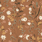 Floral pattern with white flowers and green leaves on a brown background