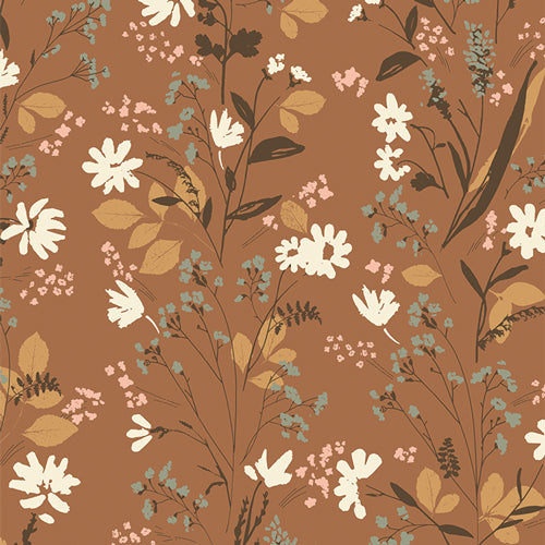 Floral pattern with white flowers and green leaves on a brown background