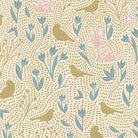 Patterned fabric with birds, rabbits, and flowers on a beige background