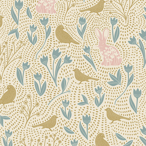 Patterned fabric with birds, rabbits, and flowers on a beige background