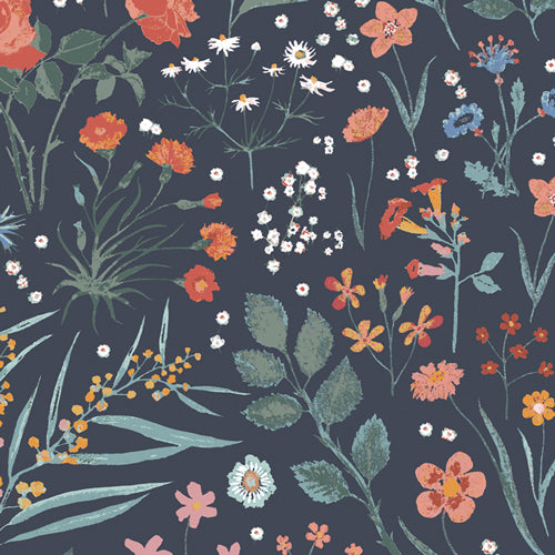 Floral pattern with colorful flowers and leaves on a dark background