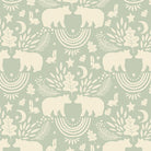 Bears, bunnies, leaves and rainbows in cream on a light sage green background
