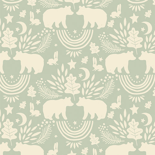 Bears, bunnies, leaves and rainbows in cream on a light sage green background