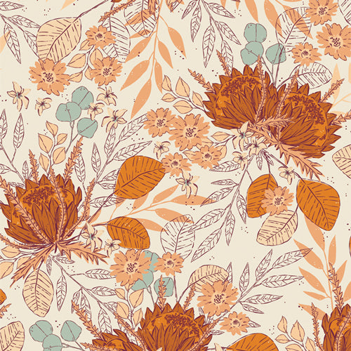 Floral pattern with orange, brown, and green leaves on a beige background