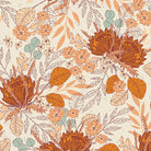 Floral pattern with orange, brown, and green leaves on a beige background