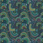 Colorful pattern with rainbows and abstract shapes on a dark background