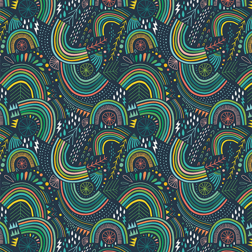 Colorful pattern with rainbows and abstract shapes on a dark background