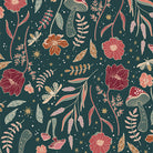 Floral and mushroom pattern on a dark green background