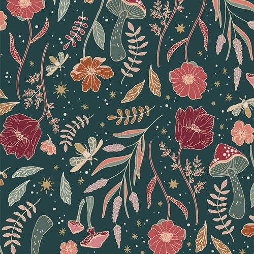 Floral and mushroom pattern on a dark green background