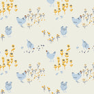 Pattern of blue chickens and yellow flowers on a light beige background