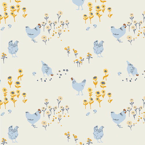 Pattern of blue chickens and yellow flowers on a light beige background